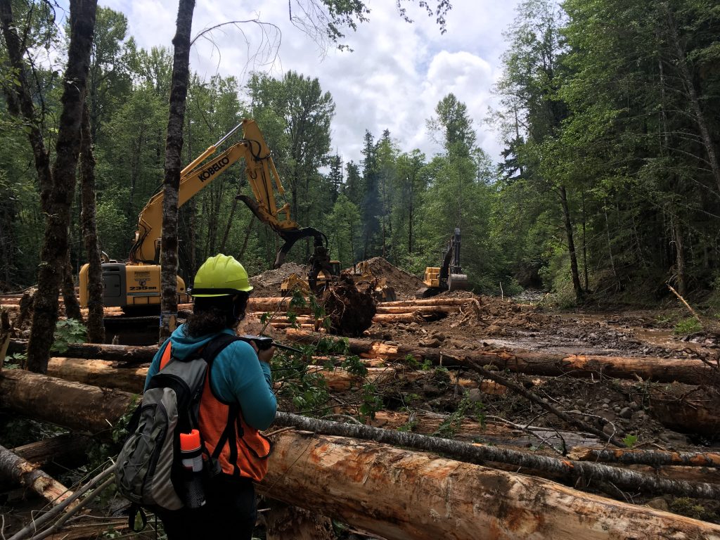 Equipment worked together to bury and scatter wood throughout the floodplain.